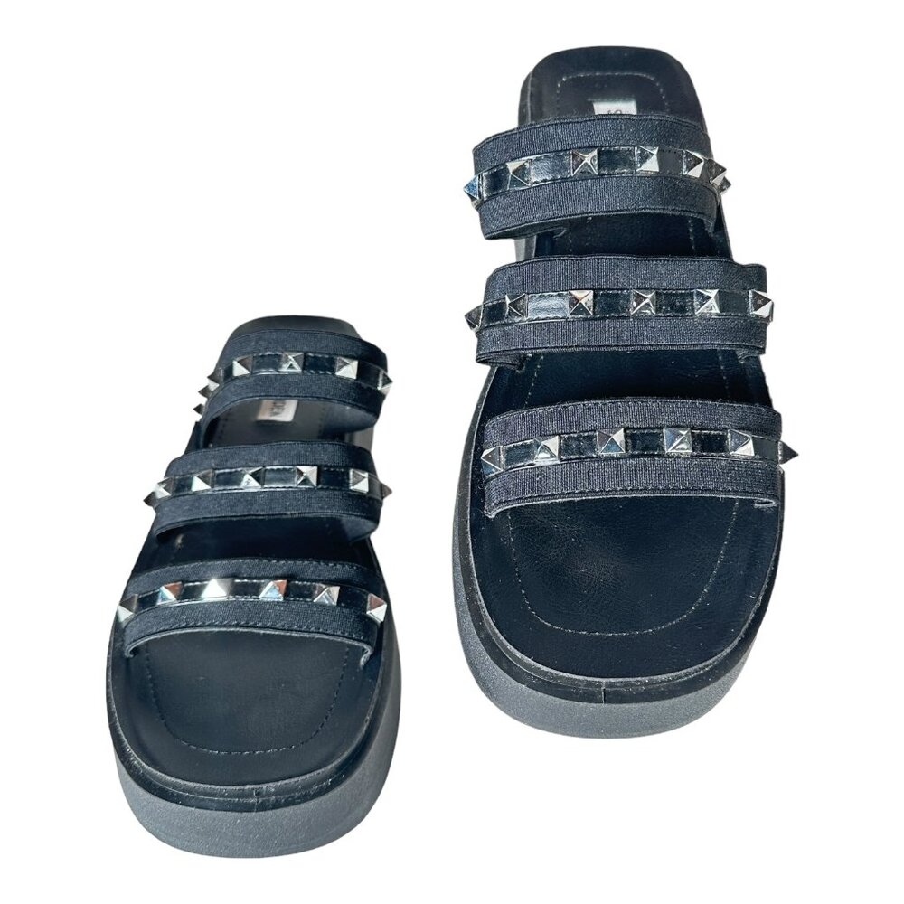 Steve Madden Platform Sandals Black Spike Studded Flats Size 11 Slip ON